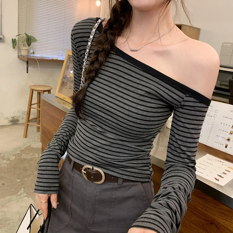 Spring Summer Vintage Striped Womens Long Sleeve One Shoulder Casual Korean Tshirt Bottom Shirts Tops Female 250729