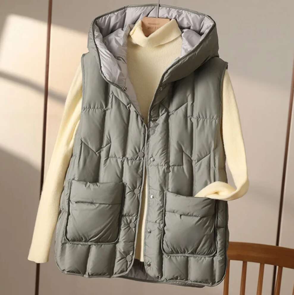 Designer Clothing 2025 Janveny 2025 New Fashion Hooded Down Sleeveless Vest Women Lightweight Seamless White Duck Feather Puffer Short Waistcoat