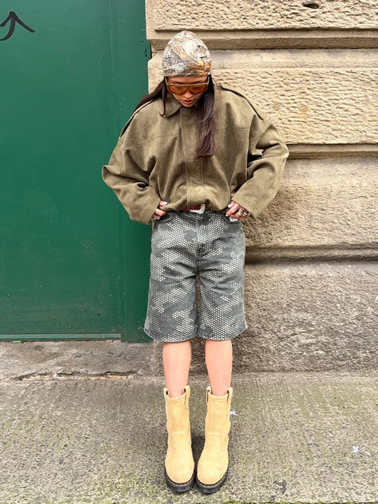 Vintage Suede Lapel Zipper Short Jacket Women Casual Loose Solid Waist-cinching Jackets Female Versatile Fashion Street Outerwear 250725