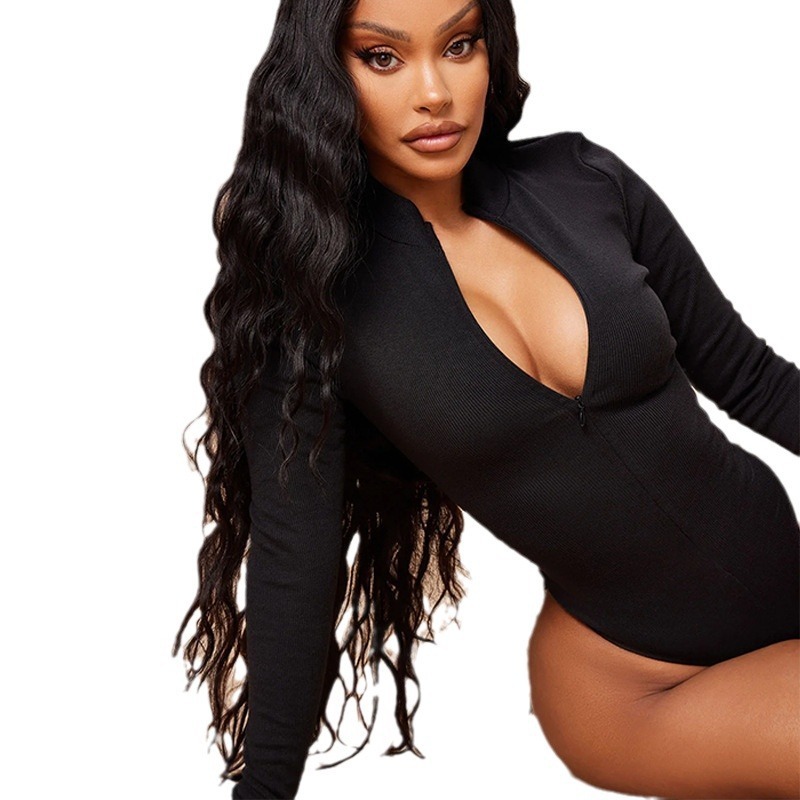 F1712 Autumn Winter New Solid Color Ribbed Long Sleeve Fashion Sexy Tight Bodysuit