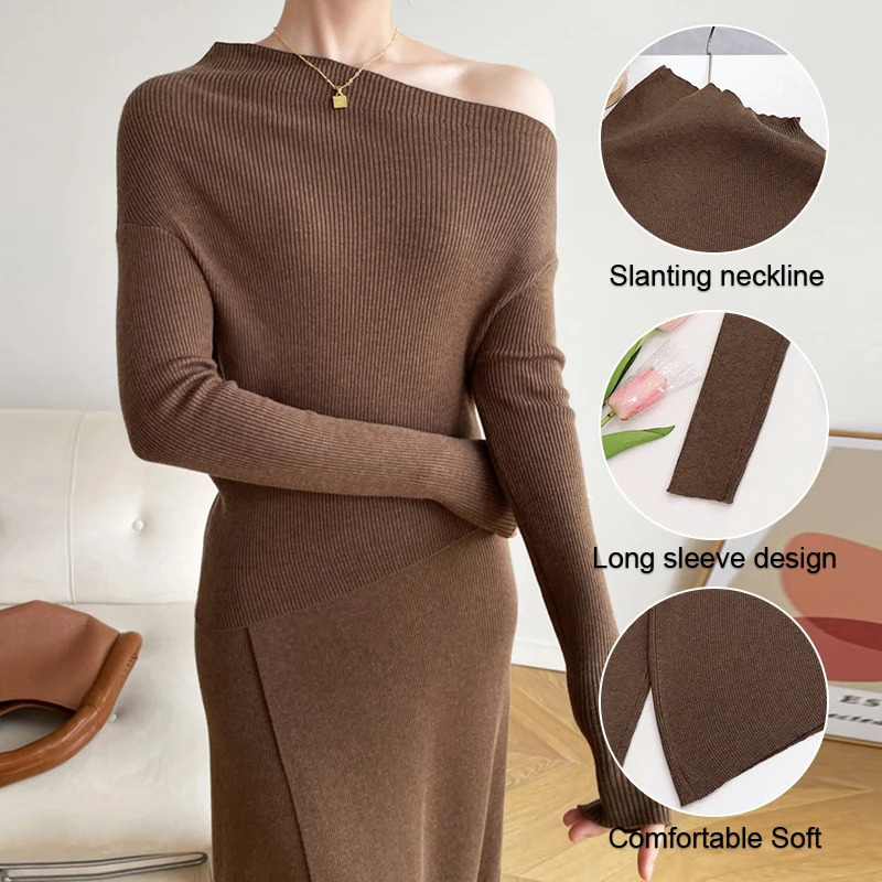 Autumn Winter Womens Wool Tshirt Top Solid Color Elegant Long Sleeve Off Shoulder Sexy Slimming Basic Versatile Top 250729