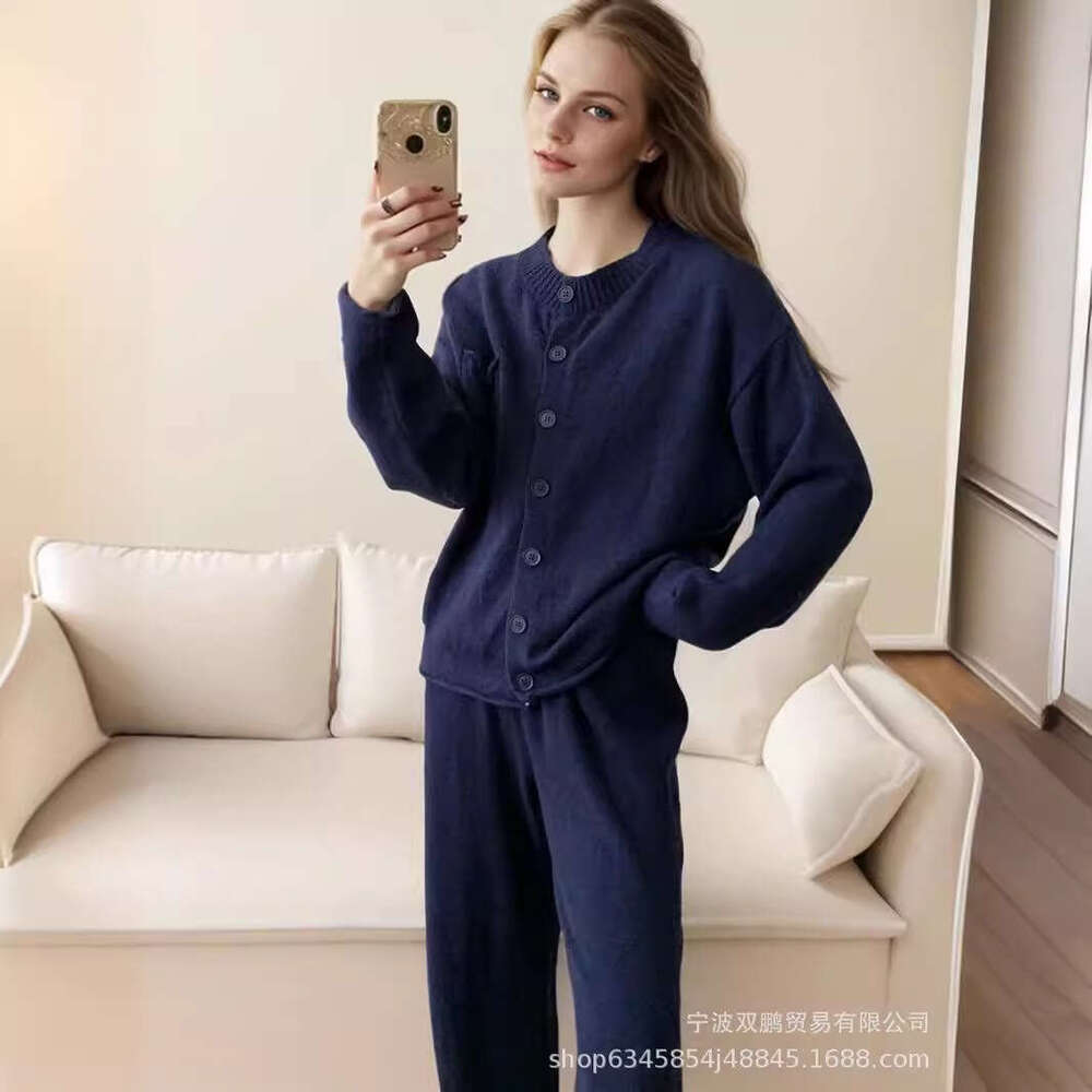 Autumn Winter New Loose Knitted Suit For Women Round Neck Cardigan Sweater + Wide Leg Pants B5