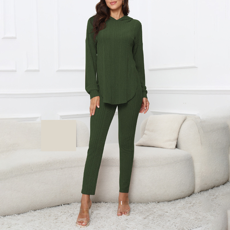 F1398 New Solid Color Ribbed Fleece Hooded Long Sleeve Fashion Slim Fit Set