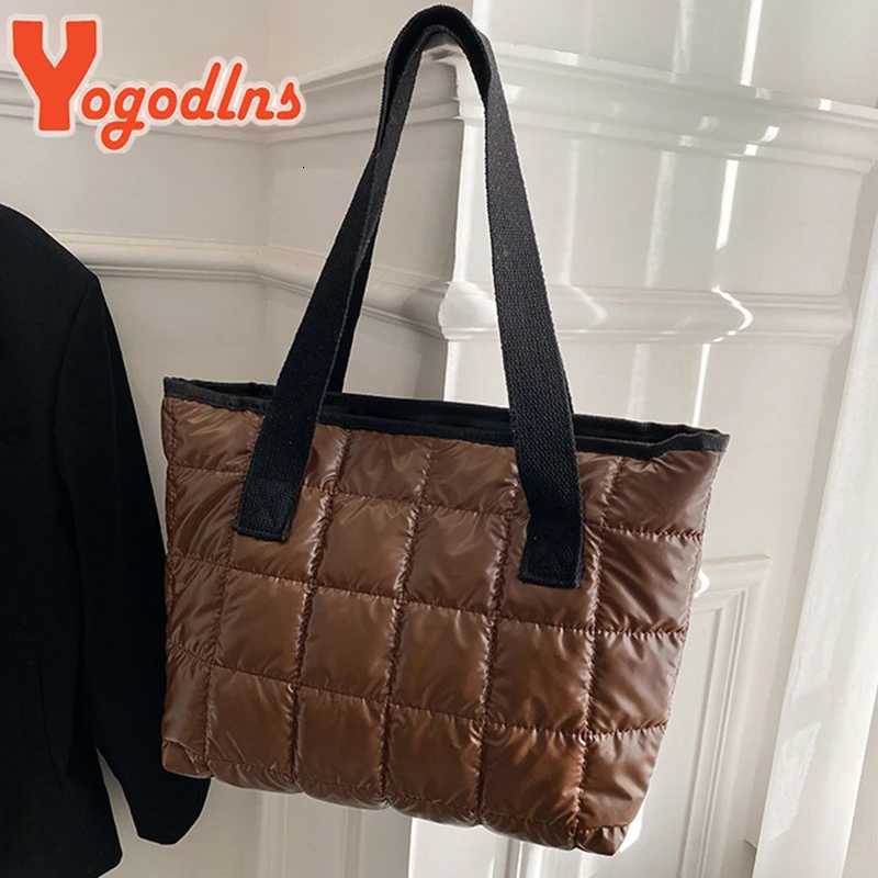 Yogodlns Winter Lozenge Tote Bag Space Cott Handbag Large Capacity Shoulder Bag Warm Down Handbag Casual Portable Handle Bag Y250730