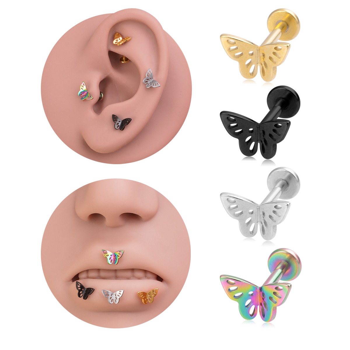 Stainless steel hollow three-dimensional butterfly lip studs, ear bone studs, earrings, body piercing accessories wholesale