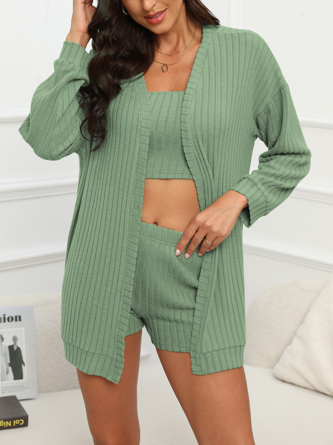 F1323 New Womens Solid Color Ribbed Cardigan Long Sleeve Fashion Casual Three-Piece Set