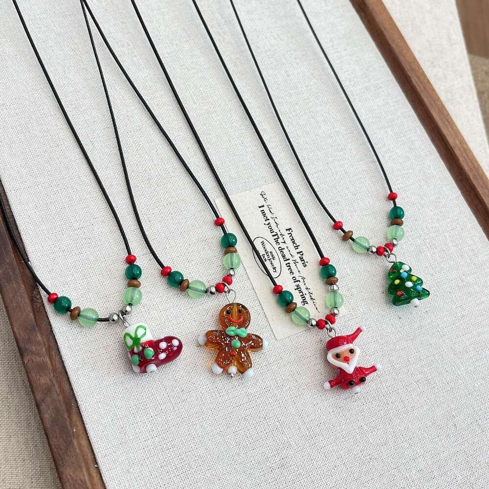 Colorful Beaded Christmas Tree Gingerbread Man Necklace for Women Cartoon Cute Sweet Collarbone Chain Fashionable Personality Sweater Accessory 60b