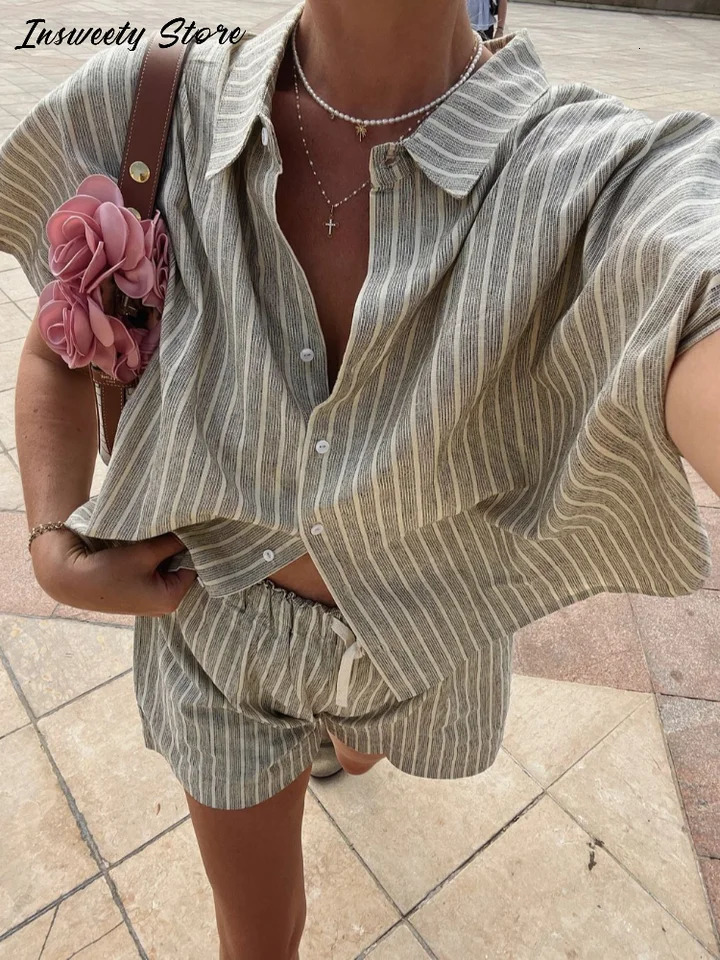 Summer Womens Loose Single Breasted Half Sleeve Shirt High Waist Short Pants Casual Stripe Shorts Set Holiday Suit 250729