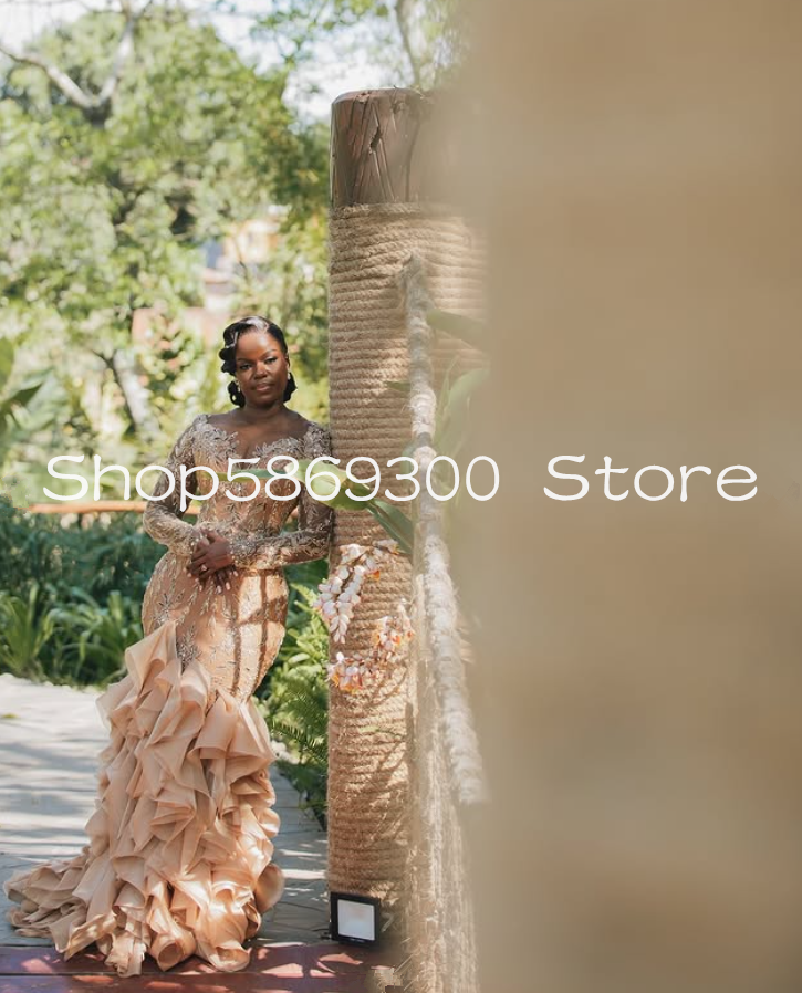 Champagne Mermaid African Prom Formal Dresses Luxury Lace Applique Ruffles Skirt Long Sleeve Evening Gala Gown Customsized