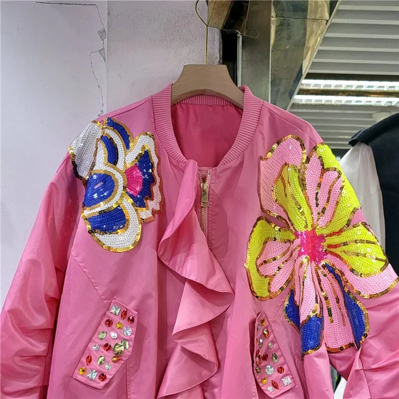 Spring Women Fashion Ruffled Patchwork Diamond Sequin Flowers Baseball Jacket Stand Collar Long Sleeve Bomber Coat Female Casual 250730