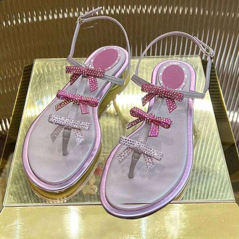 New Satin Finish Pinch Toe Sandalias Women's Butterfly-knot Rhinestone Decor Flat Sandals Summer Seaside Vacation Shoes 1d1