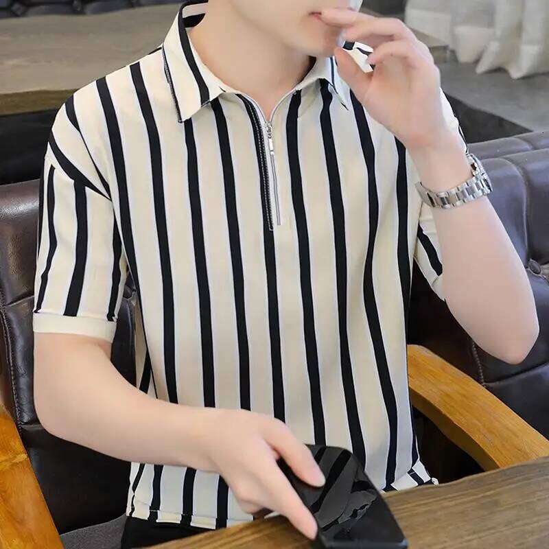 Summer New Business Color Blocked Striped Polo Shirt Men's Short Sleeved Top Flip Collar Casual T-shirt