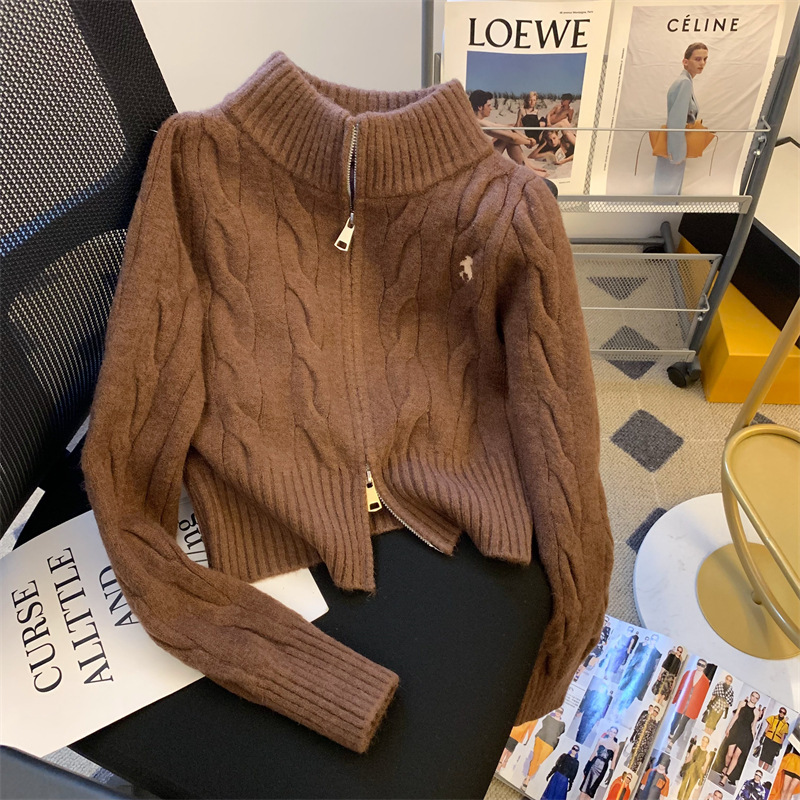 Korean-style short retro cable knit stand collar sweater coat for women collegiate autumn and winter embroidered knit cardigan top