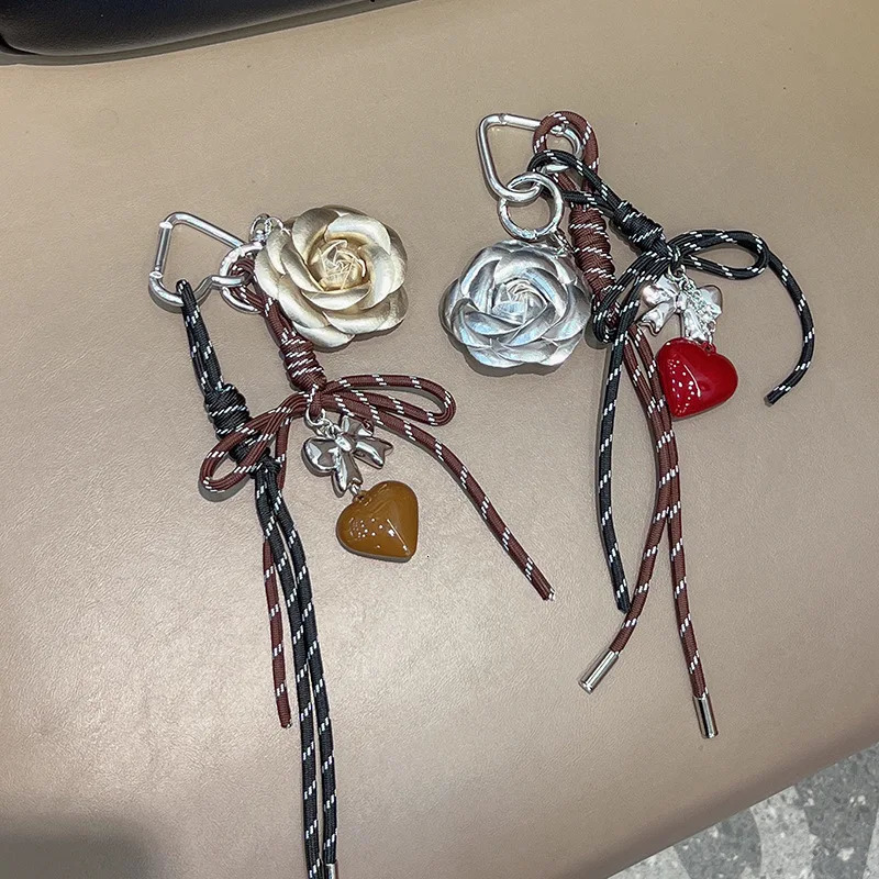 Trendy style camellia flower Backpack pendant Hand woven rope Hangings love heartKey Chain 250729