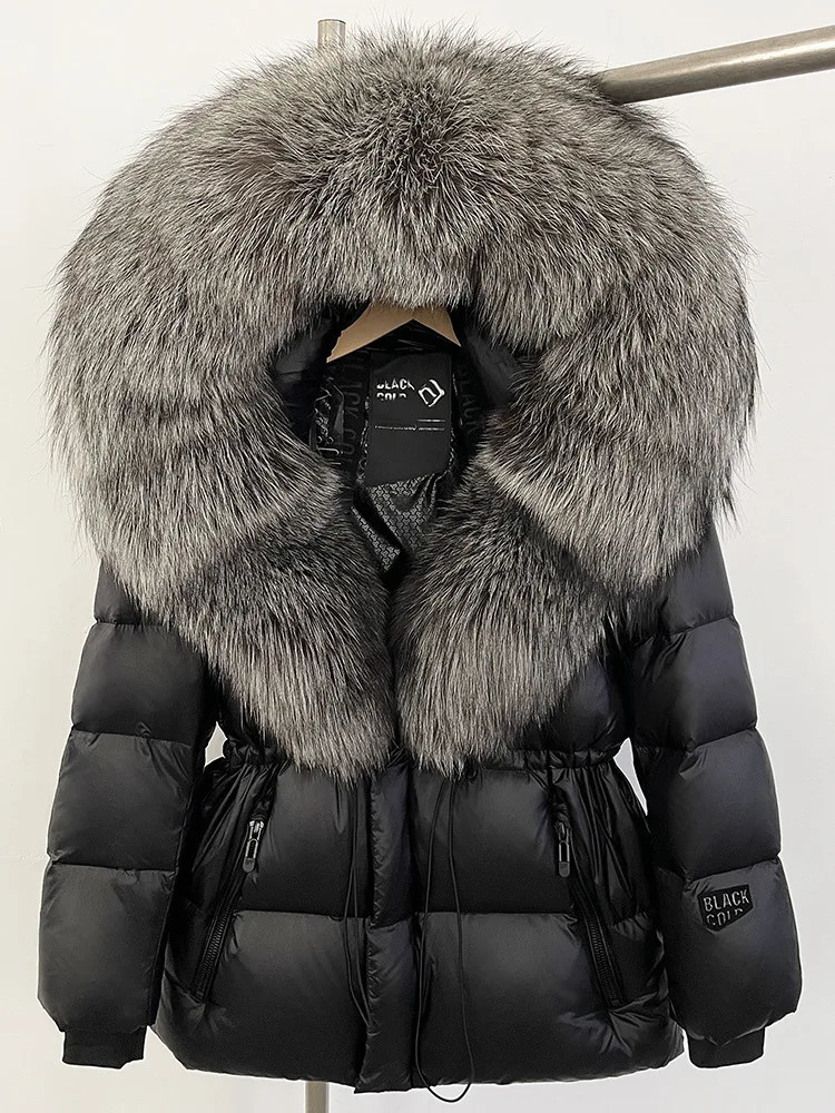 3375 Womens Black Puffer Down Jacket With Oversized Fur Hood Winter Warm Coat Quilted Outerwear 250724