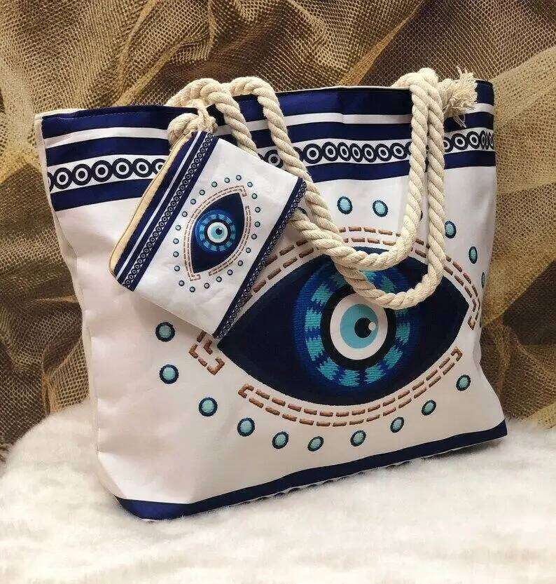 1Pcs Evil Eye Women's Beach Polyester Large Capacity Tote Shoulder Customizable Seaside Travel Bag