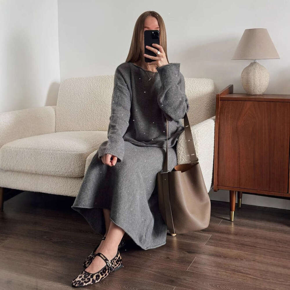 New Lazy Style Loose Top + Mermaid Skirt For Women Round Neck Knitted Sequin Set Shiny B5