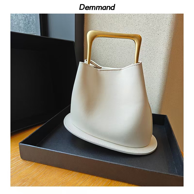 New Stylish High-end Bucket Tote Beige Color Plain Satin Cow Leather Women Handbag Metal Handle Female Crossbody Bag Small