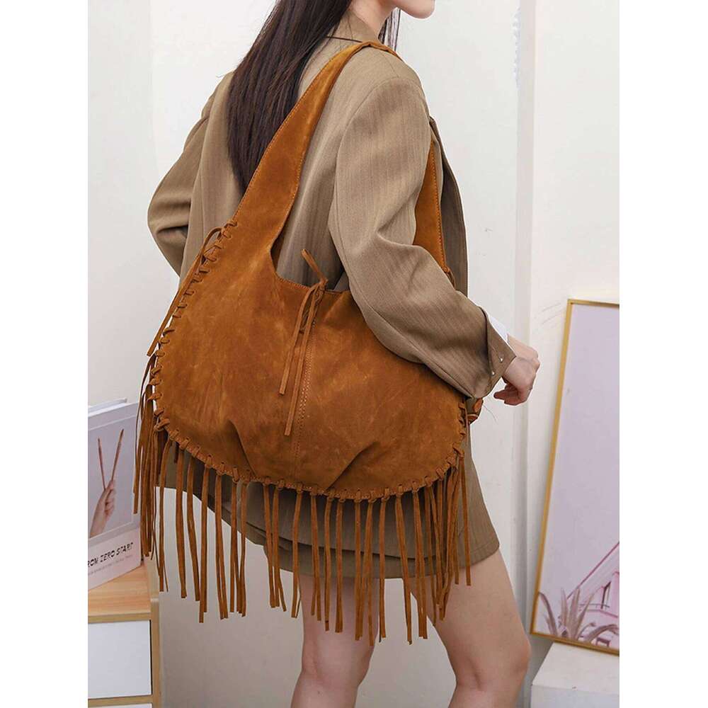 designer bag 2025 new bohemian retro style tassel women's fashionable one-shoulder crossbody large capacity dumpling bag