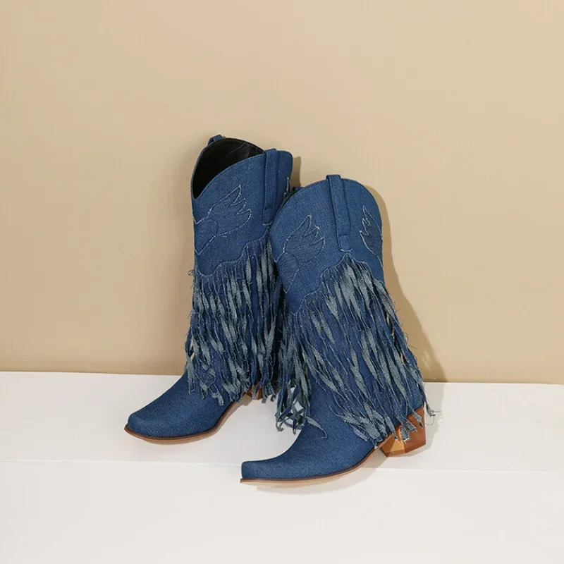 LeShion Of Chanmeb Big Size 45 Women Blue Denim Jean Cowboy Boots Mid-calf Tassel Block Heels Western Boot Cowgirl Fringed Shoes 250729