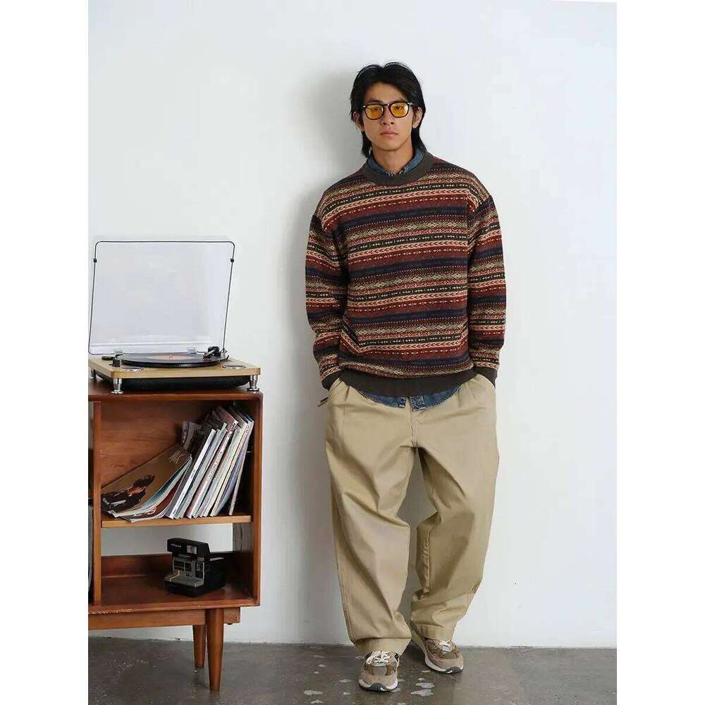 Abandoned Soil Style Jacquard Sweater for Men American Retro O-neck Knitted Pullover Unisex Autumn Winter Streetwear Lazy Top