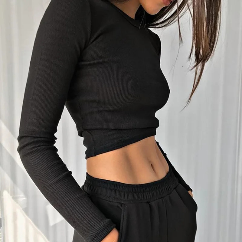 O Neck Long Sleeve Shirt Women Ribbed Sexy Cropped Tops Spring Black Casual Skinny Slim Basic TShirts White w250729