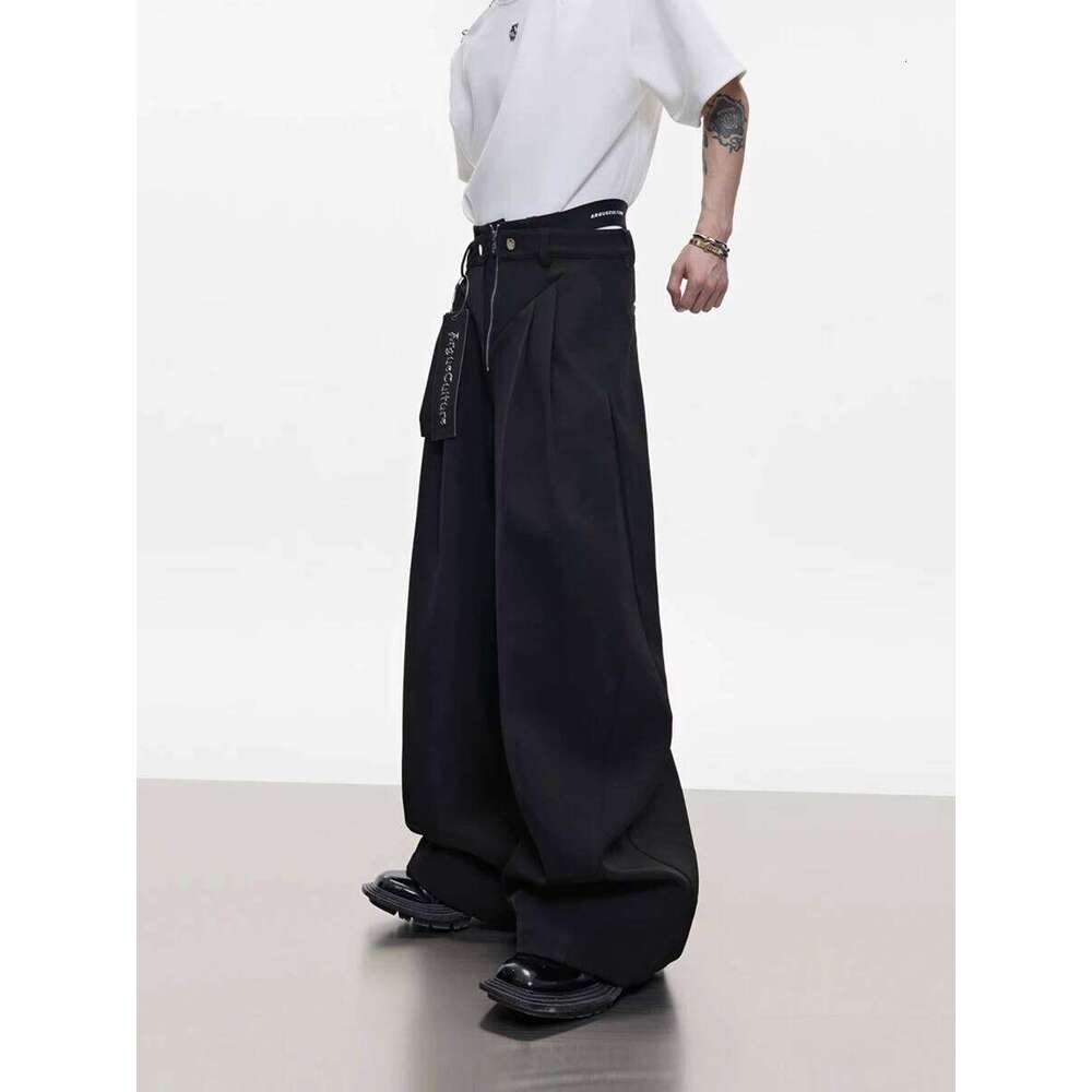 Mauroicardi Spring Autumn Cool Black Baggy Wide Leg Pants for Mens Designer Fake 2 Pieces Clothes Fashion Streetwear 2025