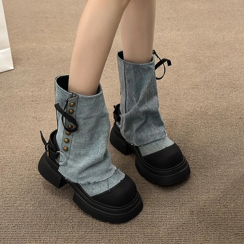 n Style Trousers Boots Womens Fashion Denim Short Boots Casual Platform Shoes Cowboy Boots for Women Gothic Shoes 250729