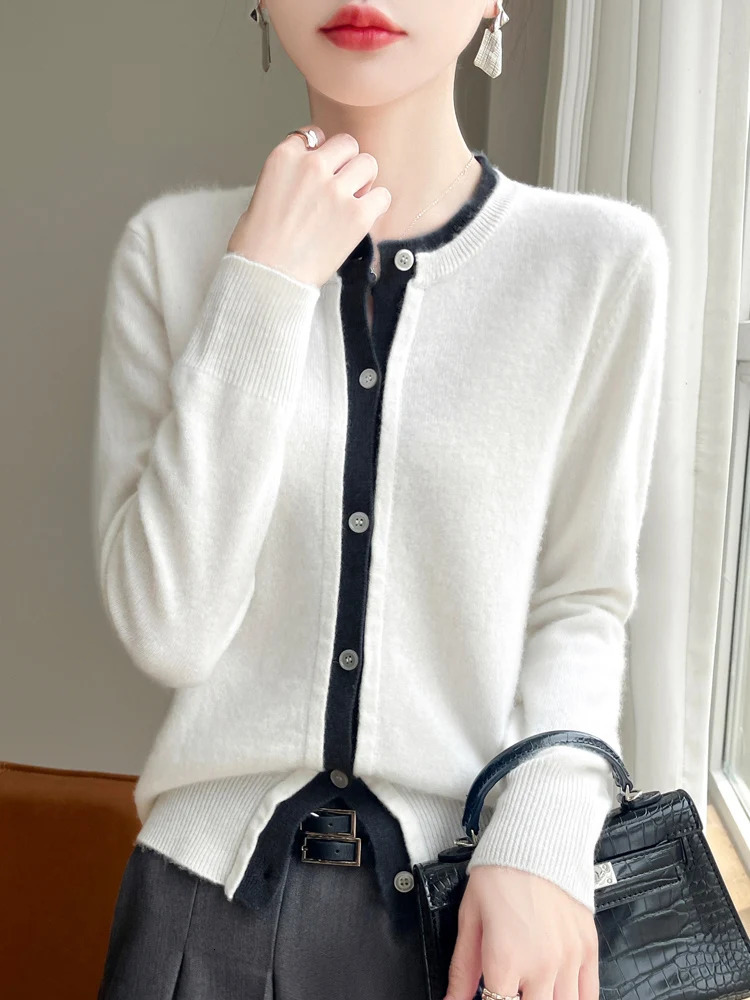 Women Wool Sweater Oneck Long Sleeve Cardigan Autumn Winter 100% Merino Knitwear Cashmere Coat Korean Clothing 250730