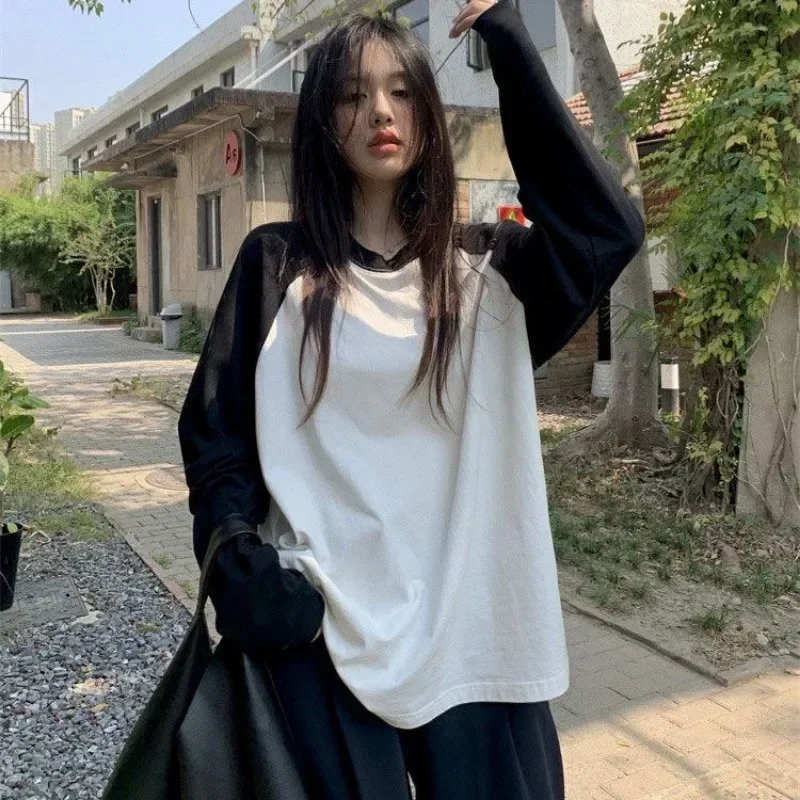 Casual Oversized TShirt Y2K Tops Harajuku Long Sleeve ONeck TShirts Spring Autumn Black White Patchwork Tees Women Streetwear 250729