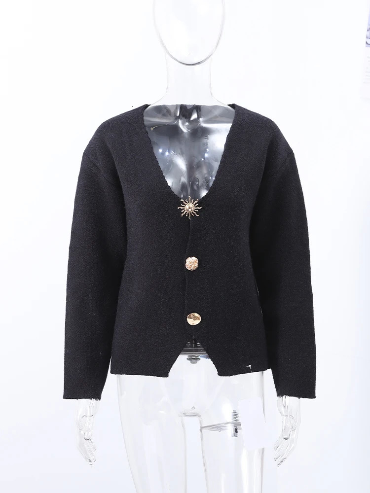 Elegant Vneck Solid Knitted Cardigan For Women Spring Long Sleeves Single Breasted Sweater Female Street Y2K Chic Knitwear 250730