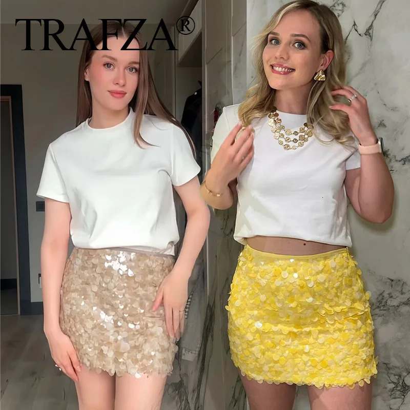 TRAFZA Women Fashion Solid Sequins Mini Skirt Slim Casual High Waist Side Zipper Skirts Mujer Summer Sweet Style 250730