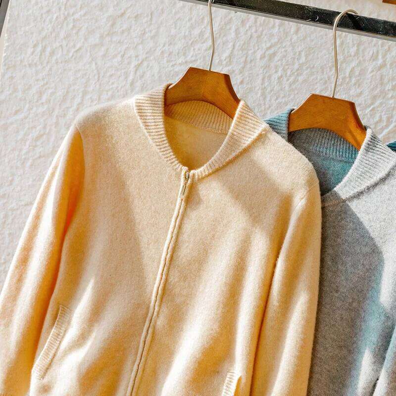 Men's 100% Merino Wool Sweater Knitted Zippered Cardigan Cashmere Thickened Jacket Long Sleeve Stand Collar Tops, Autumn, Winter MDNG