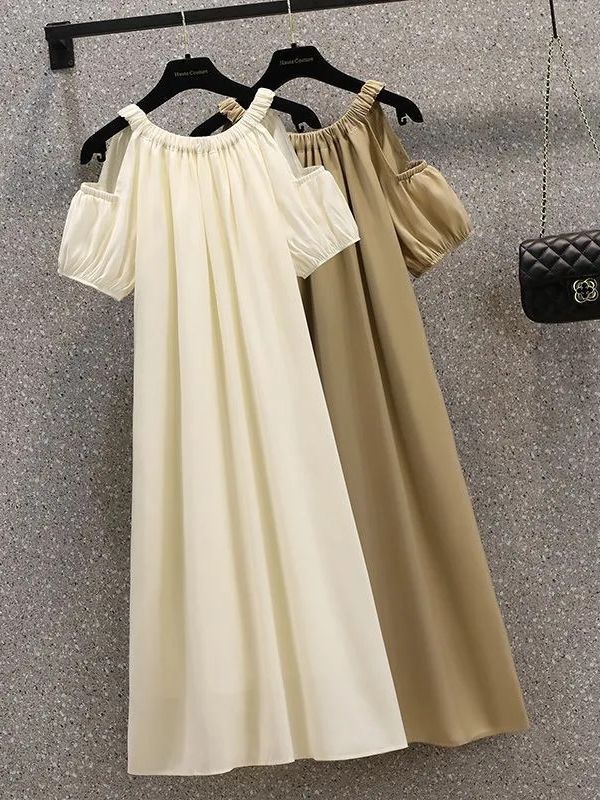 L31803 Korean loose off-the-shoulder dress with elegant style to cover belly French sweet mid-length skirt