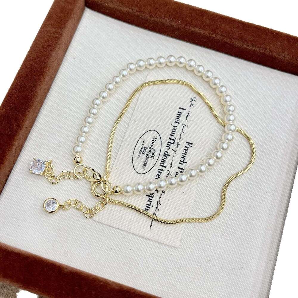 Exquisite Gold Sier Square Snake Bone Round Chain Zircon Pendant Pearl Bubble High-end Sense Wrapped Bracelet f15