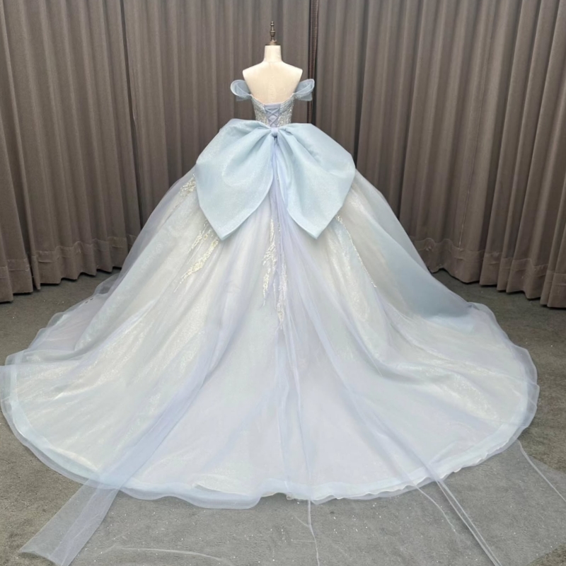 Light Blue Shiny Quinceanera Dresses Off The Shoulder Lace Beading Crystal Bow Tull Ball Gown Vestidos De 15 Anos Sweet 16 Dress
