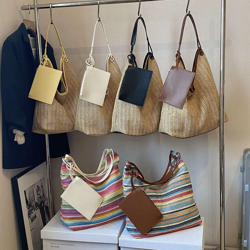 Tote Women's New Style Woven Color Stripe Shoulder Handbag Straw Vacation Beach Bag