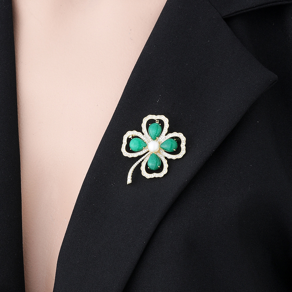 Silver Tone Rhinestone - Encrusted Four - Leaf Clover Brooch With Green Teardrop Gemstones And Pearl Center Elegant Daily Jewelry And Gift For Her Hig