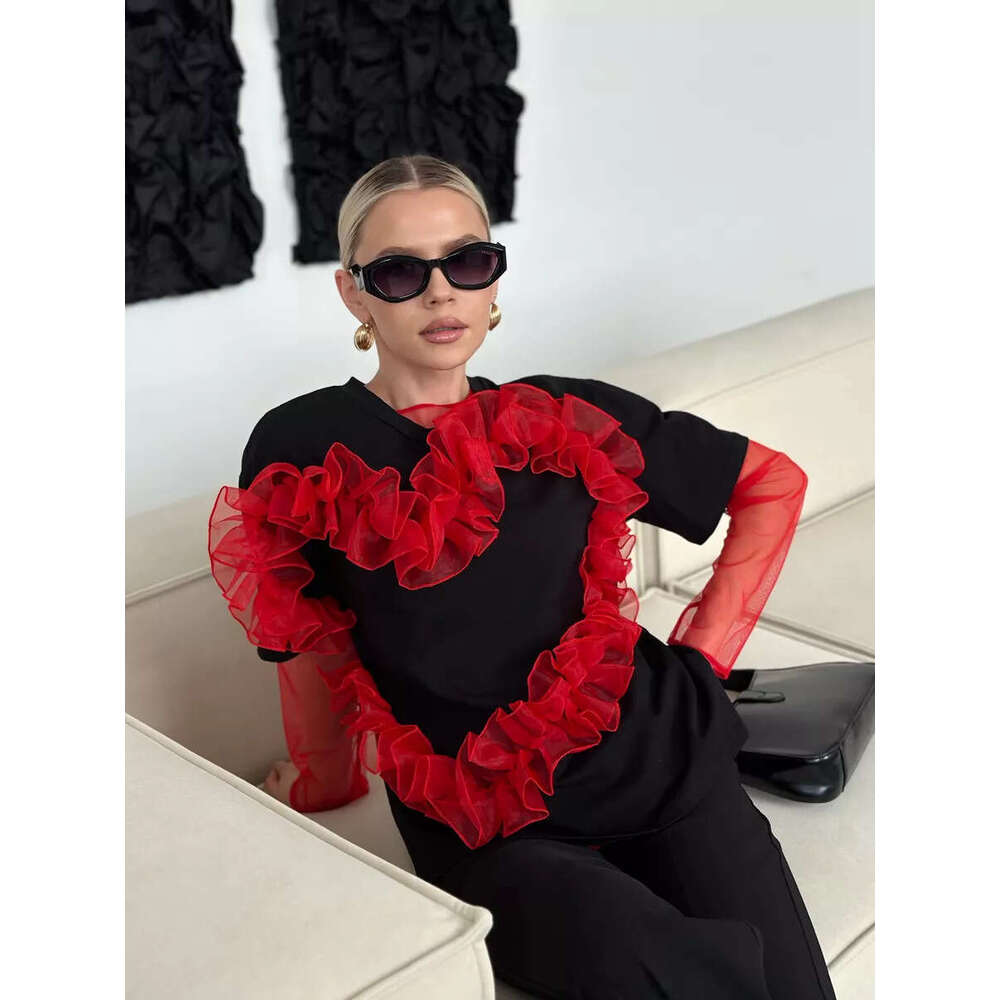 Heart-Shaped Organza Ruched Patchwork T-Shirt For Women Fashionable Ins Style Round Neck Loose Cotton Top B5