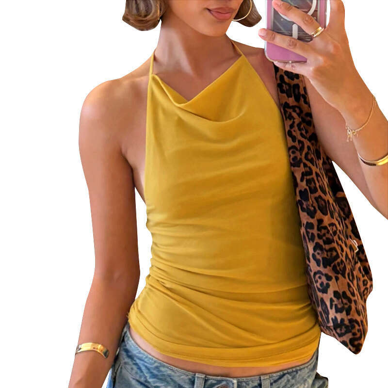 Ytp700 Women's Spring Summer New Solid Color Sexy Backless Mesh Halter Top B5