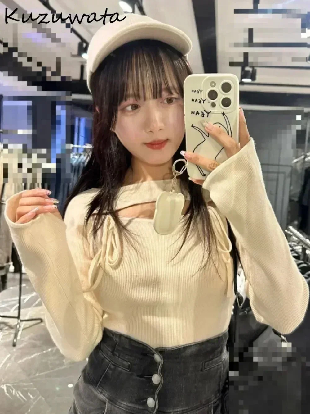 Kuzuwata Literary All-match Slash Neck Off Shoulder Jumper Sexy Bow Hollow Out Pure Desire Wind Pullover Japan Lace Up Fresh Top 250723