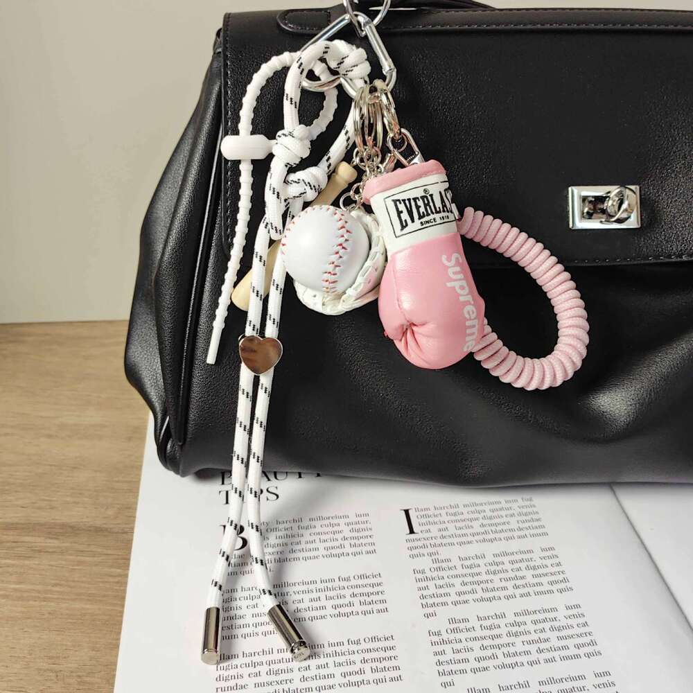 Pink Boxing Glove White Baseball Keychain Spring Lanyard Women's Bag Pendant