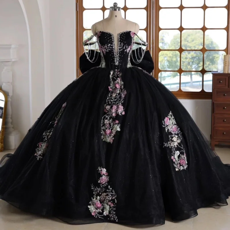Black Quinceanera Dresses Off The Shoulder Sequin Applique Lace Beads Bow Tull Ball Gown Vestidos De 15 Anos Sweet 16 Dress