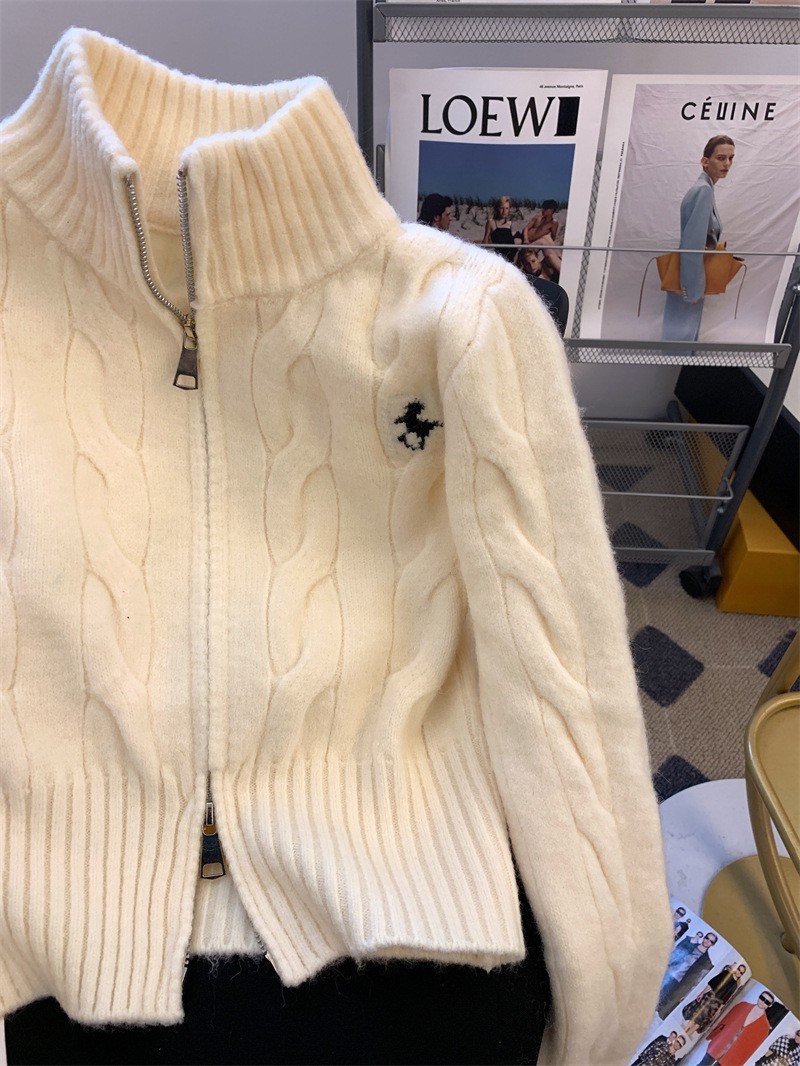 Korean-style short retro cable knit stand collar sweater coat for women collegiate autumn and winter embroidered knit cardigan top