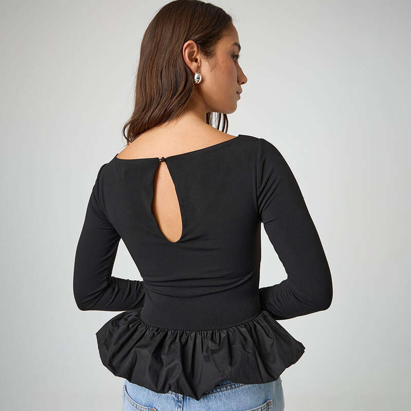 Ytp464 Women's Autumn New Solid Color Round Neck Patchwork Lace Sexy Long Sleeve Top B5