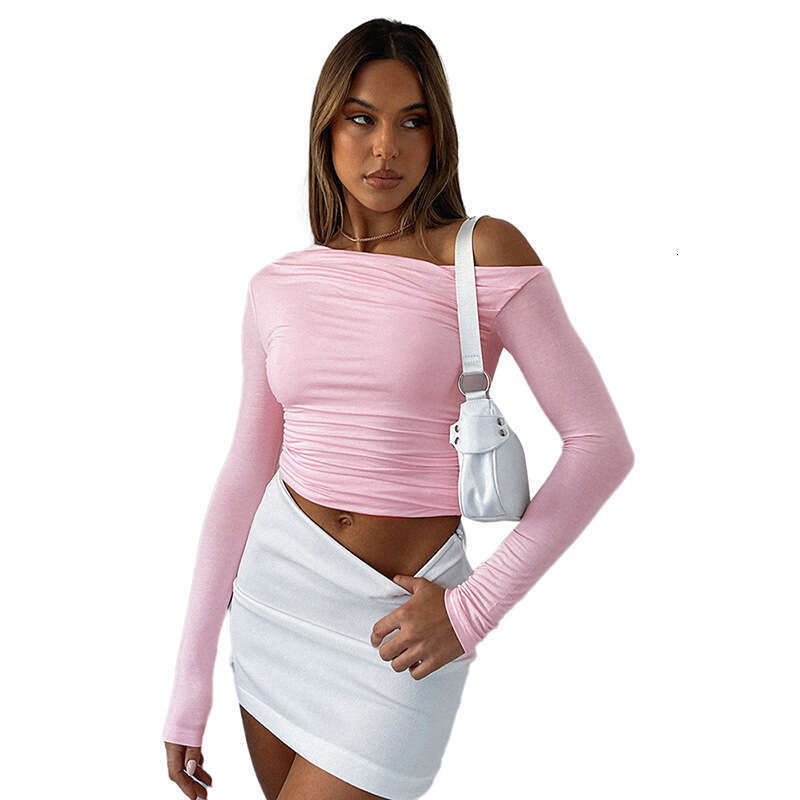 Y23tp499 Women's Autumn INS New Solid Color Asymmetrical Long Sleeve Ruched Crop Top T-Shirt For Women B5