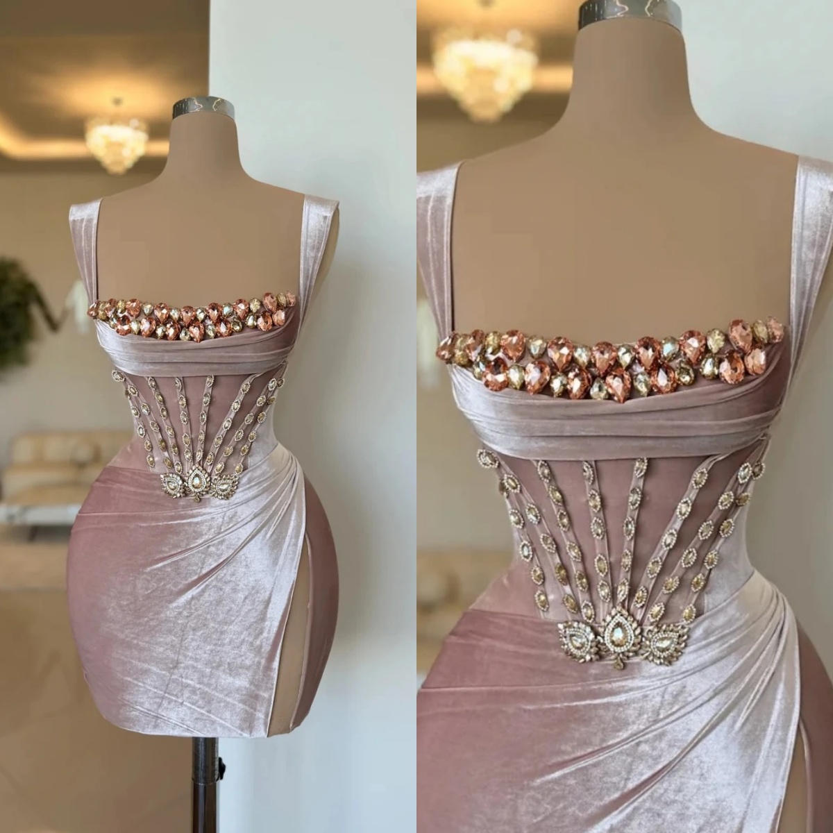 Fashion Mini Evening Dresses Square Neck Spaghetti Straps Sleeveless Gown Crystal Mini Skirt Prom Party Dress Custom Made