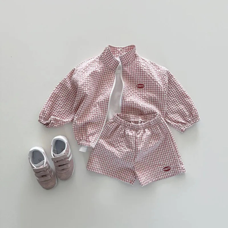 Kids Girls Clothes Sets Summer Korean Short Sleeve Zipper Plaid JacketsShorts Suits Baby Boys Sunscreen Clothing Sets 250729