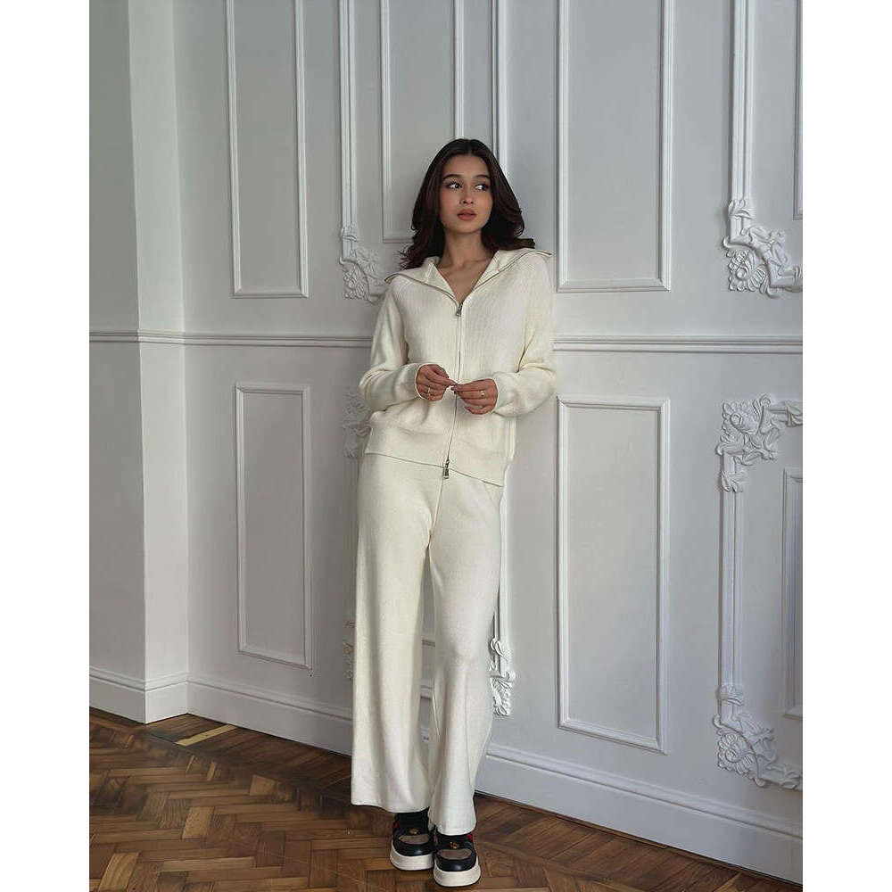 Angora Red Sweater Set Zipper Top Coat + Wide-Leg Pants Knitted Casual Women's Clothing B5