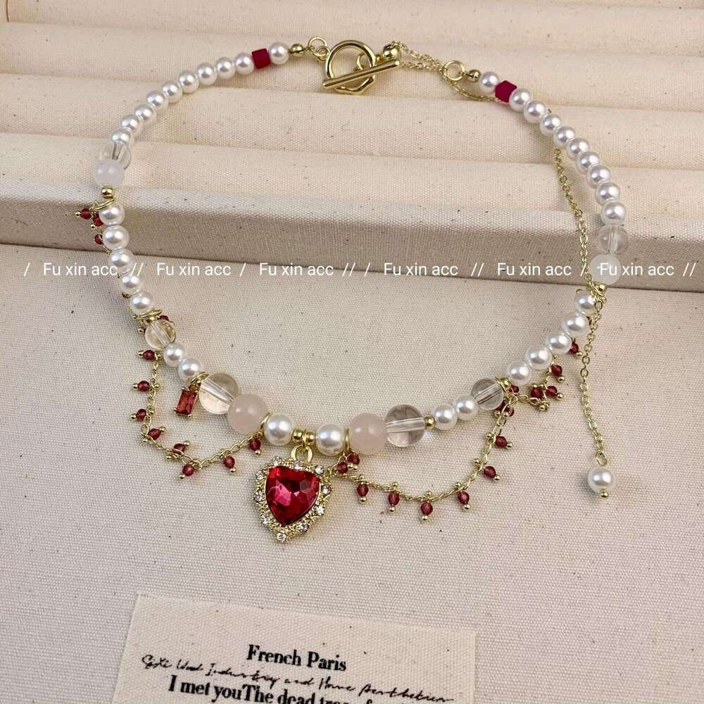 French Baroque Necklace Lolita Heart Pearl Light Ring Ancient Style Hanfu Accessory Collarbone Chain 221